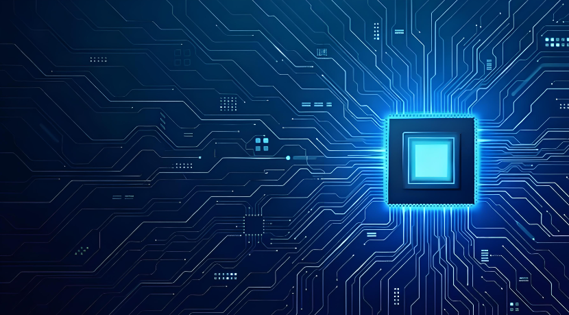 Glowing electronic chip and blue circuit board